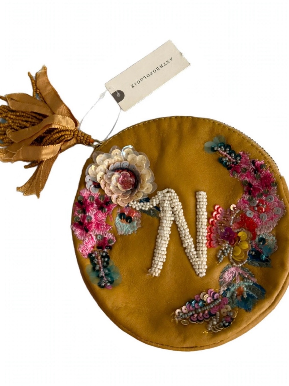 NWT Anthropologie Mustard Embroidered Beaded 'N' Round Wristlet